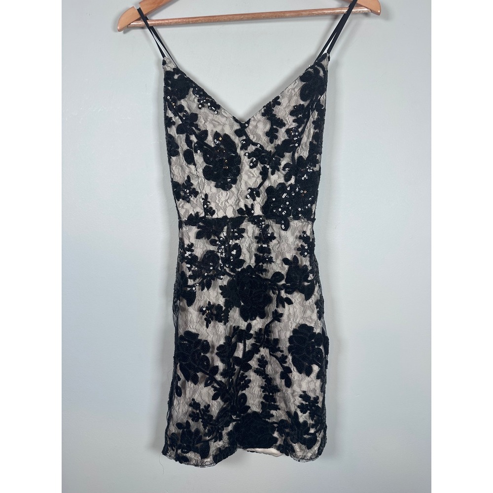TRAC Floral Lace Sequin Mini Dress Womens Medium Black Cream Coquette Party